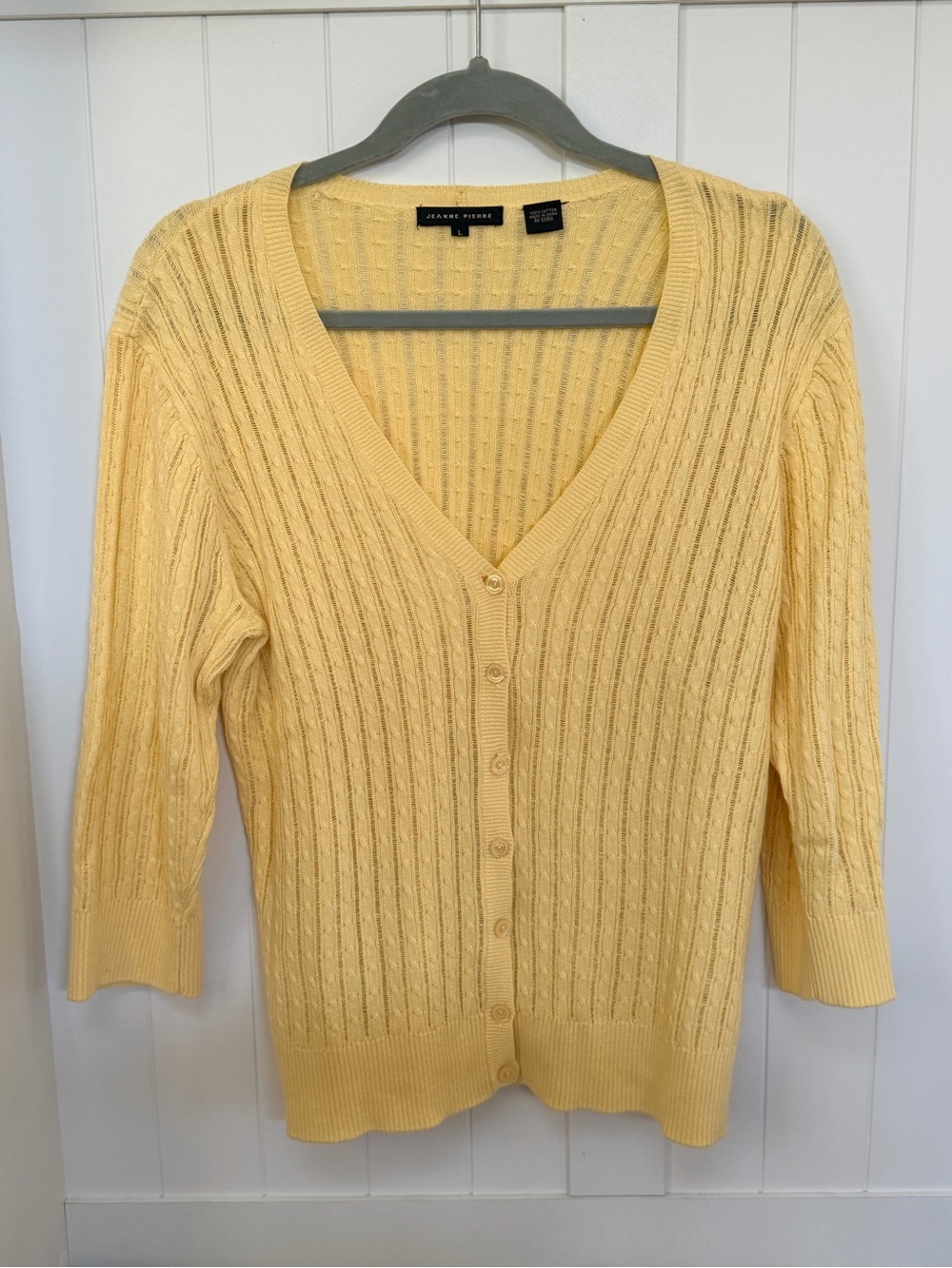 JEANNE PIERRE Butter Yellow Cable Knit V-Neck Cardigan